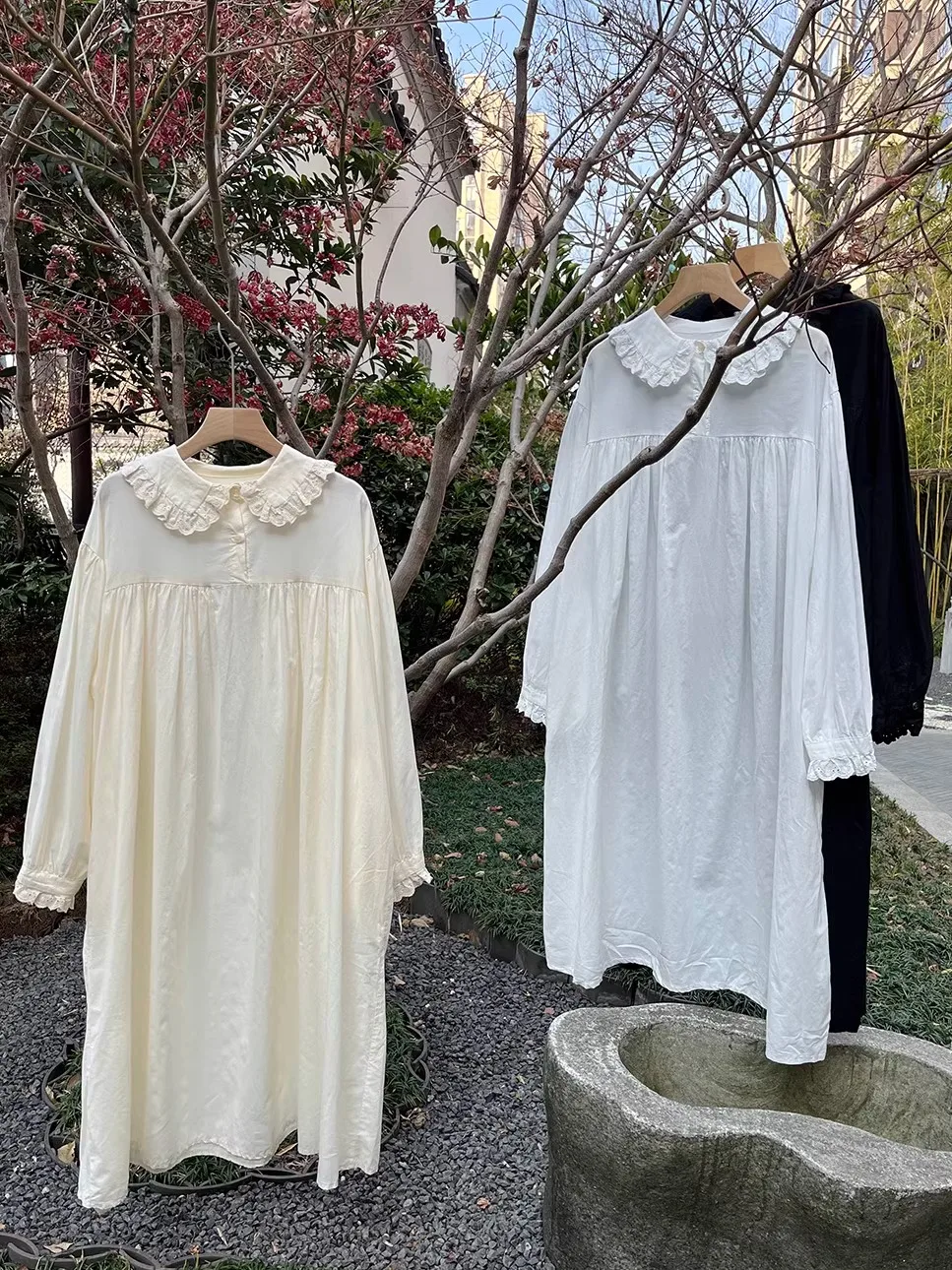 Saia Longa de Algodão Princ Sle, Solta e Oversized, Estilo A-Line, Camada Fina e Transparente, Gola de Boneca, Vestuário Casual