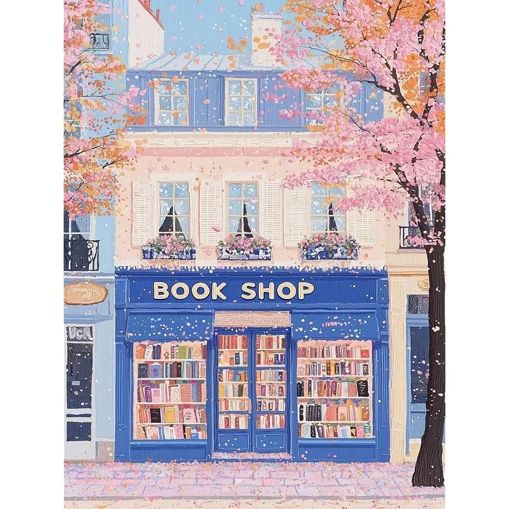 

Diamond Art Kits for Adults, Book Shop Diamond Painting Kits for Beginners, DIY Cherry Blossoms Bookstore Diamond Art 5D Ful