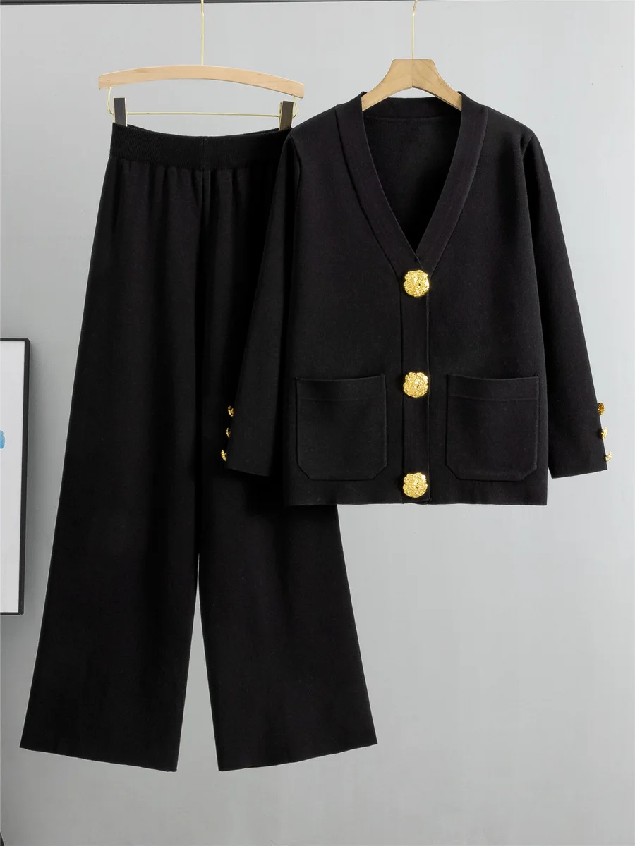 

Fall Winter Women's Knit Sweater Sets Large Gold Button V-neck Cardigan Coats High Waist Baggy 95cm Wide Leg Pants Suit