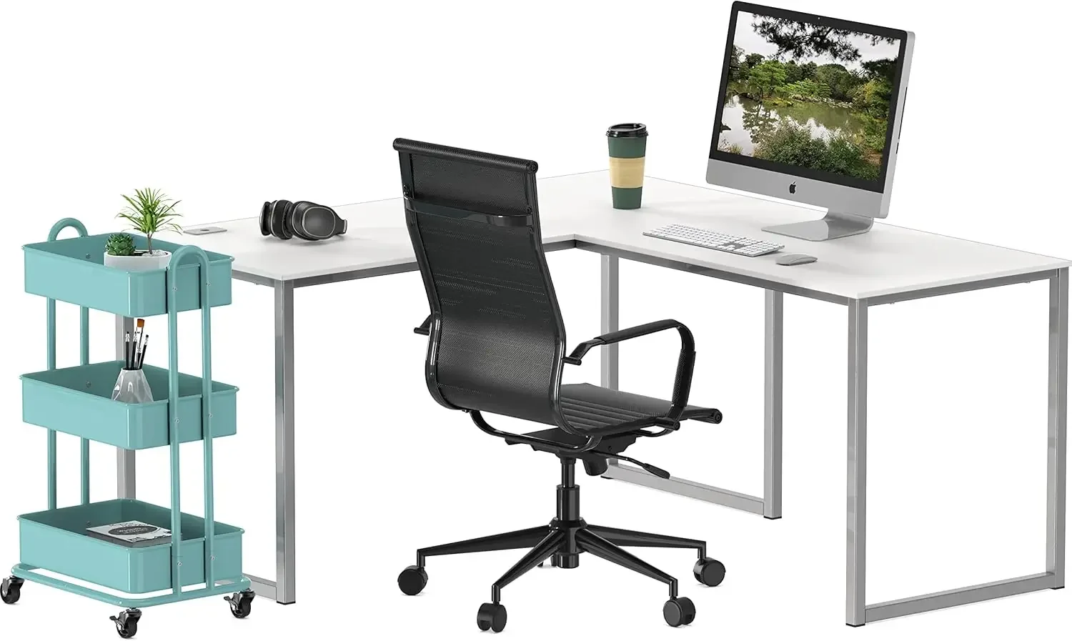 Bureau blanc en forme de L, 55 x 60 pouces, bureau d'ordinateur moderne pour bureau à domicile