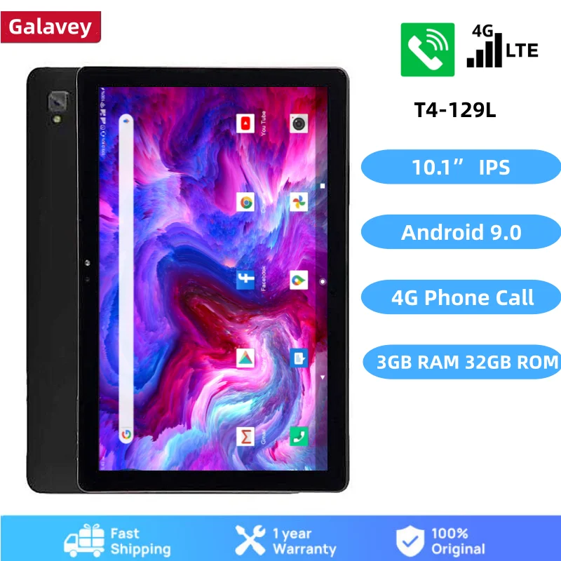 

T4-129L 64-bit 10.1" 4G LTE Android 9.0 Phone Tablet PC 3GB+32GB Dual Camera MTK8765 Quad-Core CPU 1280 x 800 Pixels