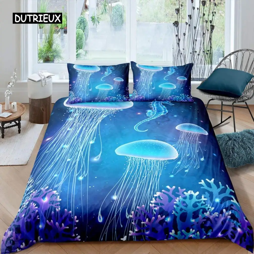 

Jellyfish Duvet Cover Ocean Nautical Comforter Cover Hawaii Beach Bedding Set Microfiber Sea Animal Coral Queen King Quilt Cover