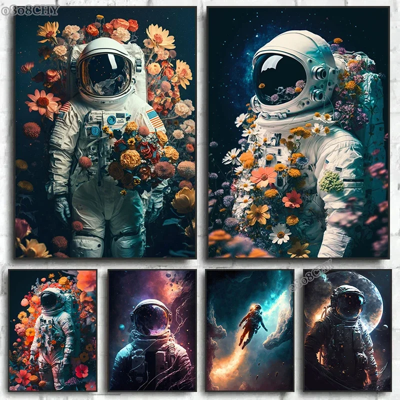 Peinture sur toile d'astronaute dans des fleurs, affiches de cosmonautes et de planètes, images d'art murales modernes pour la décoration de la maison et de la chambre d'enfant