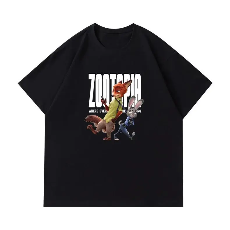 Zootopia تي شيرت رجالي 2025 صيفي فضفاض من القطن بأكمام قصيرة مضحك كارتون نيك وايلد جودي هوبس ديزني فيلم جرافيك طباعة #2