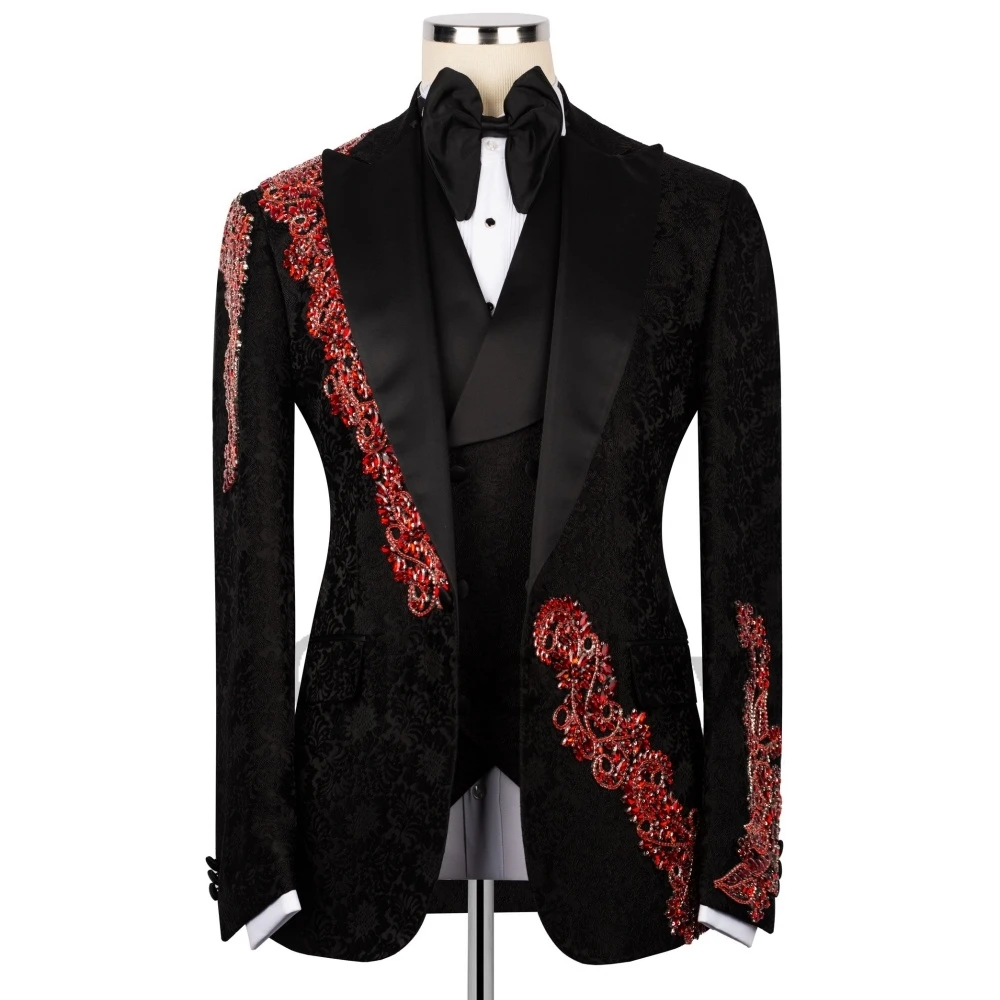 Olibexley 2027 Black Men Suits 2 Pieces Sets Red Crystal Beaded Wedding Groom Tuxedos Male Prom Party Blazers Customized S298