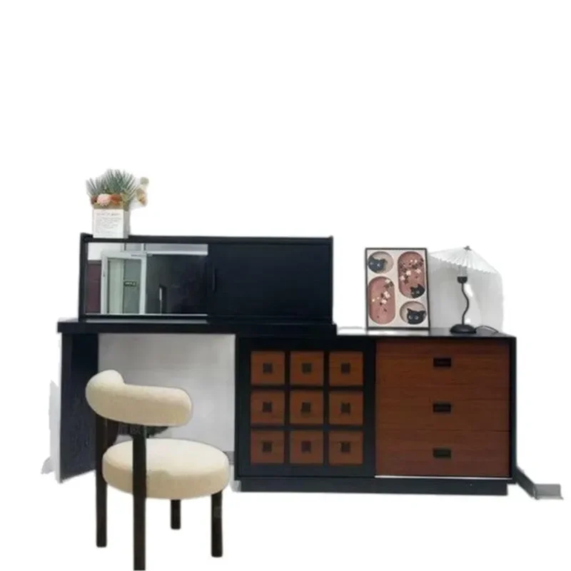 Medieval Style Solid Wood Dresser with Hidden Push Pull Mirror Retro Bedroom Bedside Makeup Table Integrated Chest