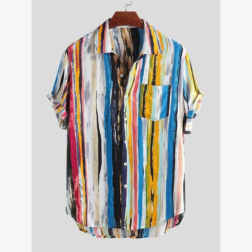 

Summer 2024 Men's Casual Loose Striped Beach Print Short Sleeve Shirt American Style Youth Trendy Clothing Lightweight Fabric