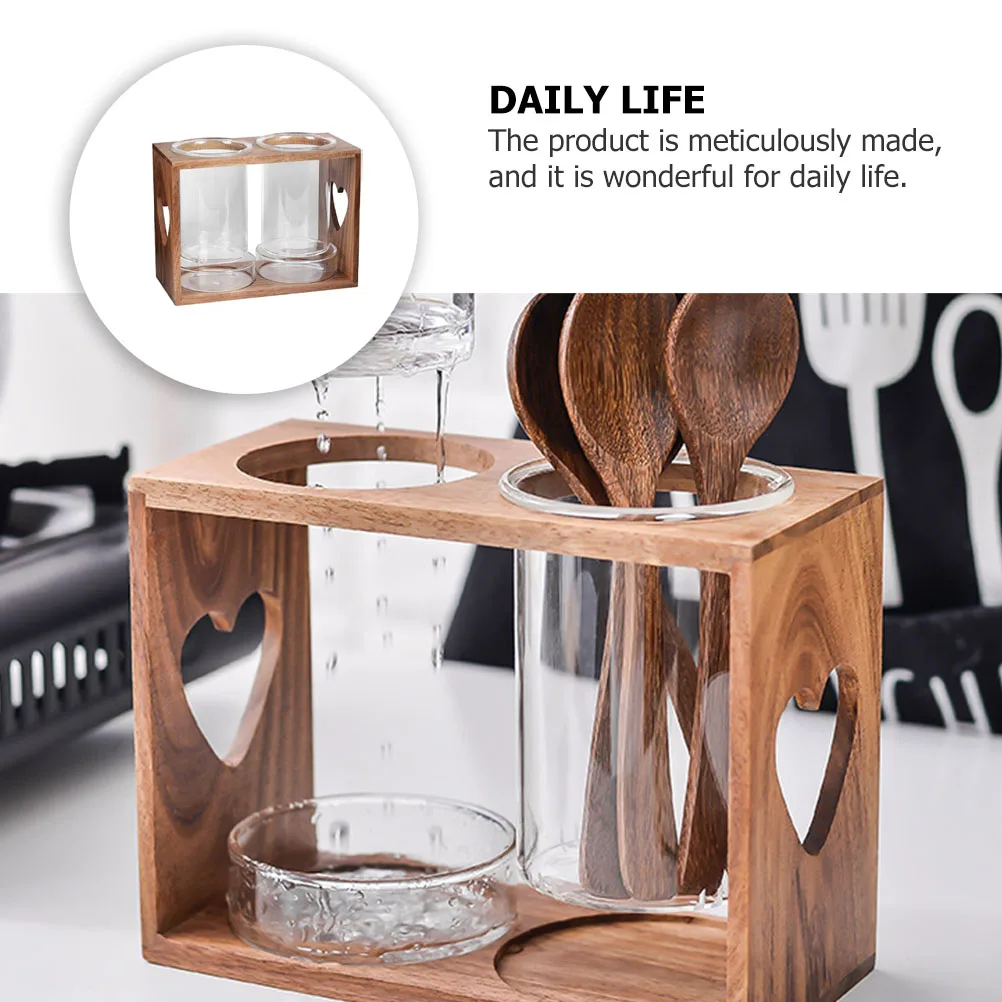 

1 Set Glass Chopsticks Holder Cutlery Organizing Rack Cage Tableware Storage Shelf Kitchen Accessories Wood Base