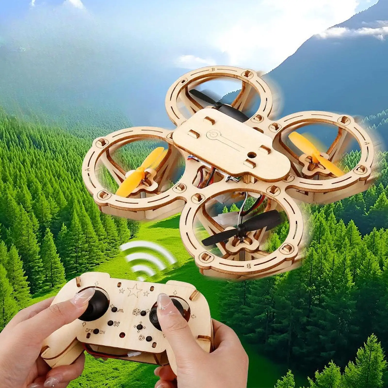 DIY Wooden Quadcopter Science Kit Remote Control Flying Model, RC Aircraft Model Hands on Stem Learning Kit for Kids