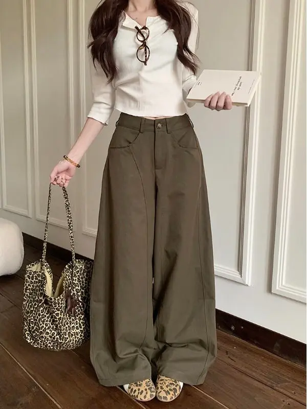 Wijde pijpen broek Y2K leer dames lente plooien tailleband club splitsen twill wasbaar verstelbaar minimalistische sjerpen chic woon-werkverkeer