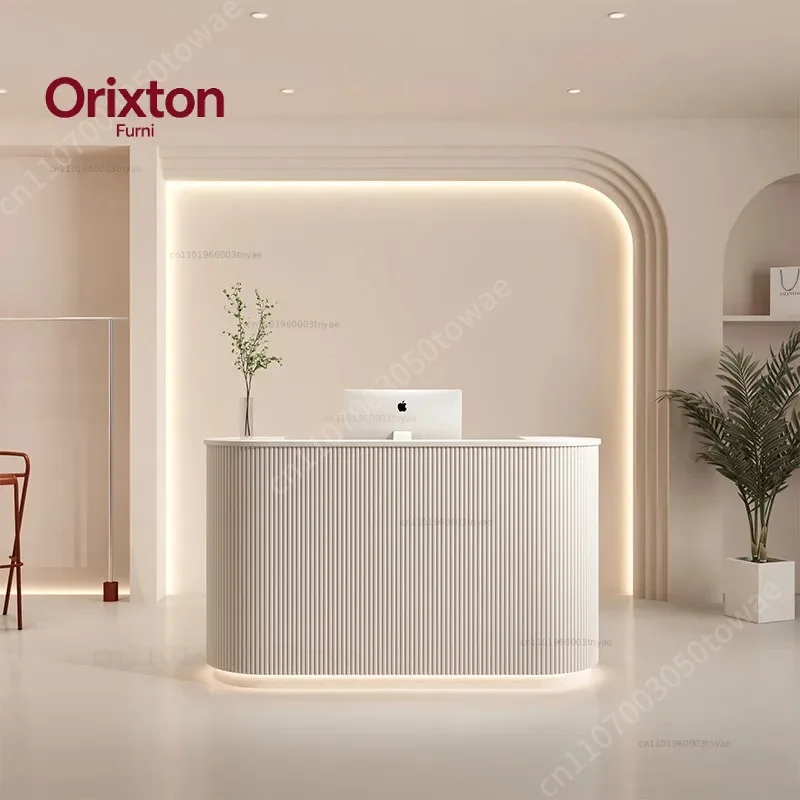 Curved Vertical Fluted Reception Desk with LED Ambient Light, Creamy White Modern Front Desk for Salon, Spa & Business
