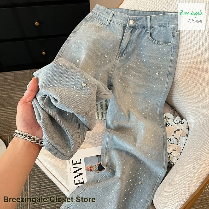 American Light-colored Stars Rhinestone Shiny High Waist Slim Wide-leg Jeans Summer New Fashion Joker Straight Pants. jeans