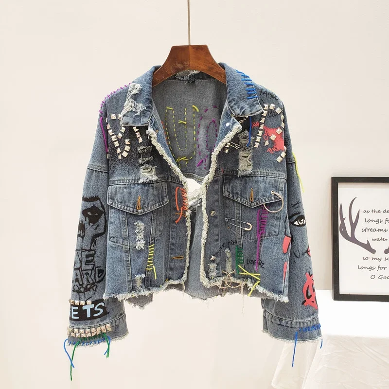 2026 Spring Autumn Women Street Fashion Graffiti Denim Jacket Female Short Frayed Raw Cut Rivet Jacket Fringe Jean Coat Outwear