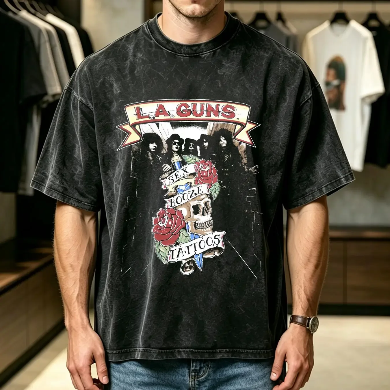 washed T Shirt LA Guns Tour 89 Cocked Loaded Sizes S to XXL New long or short sleeves vintage Washed Top For Everyday Wear Soft