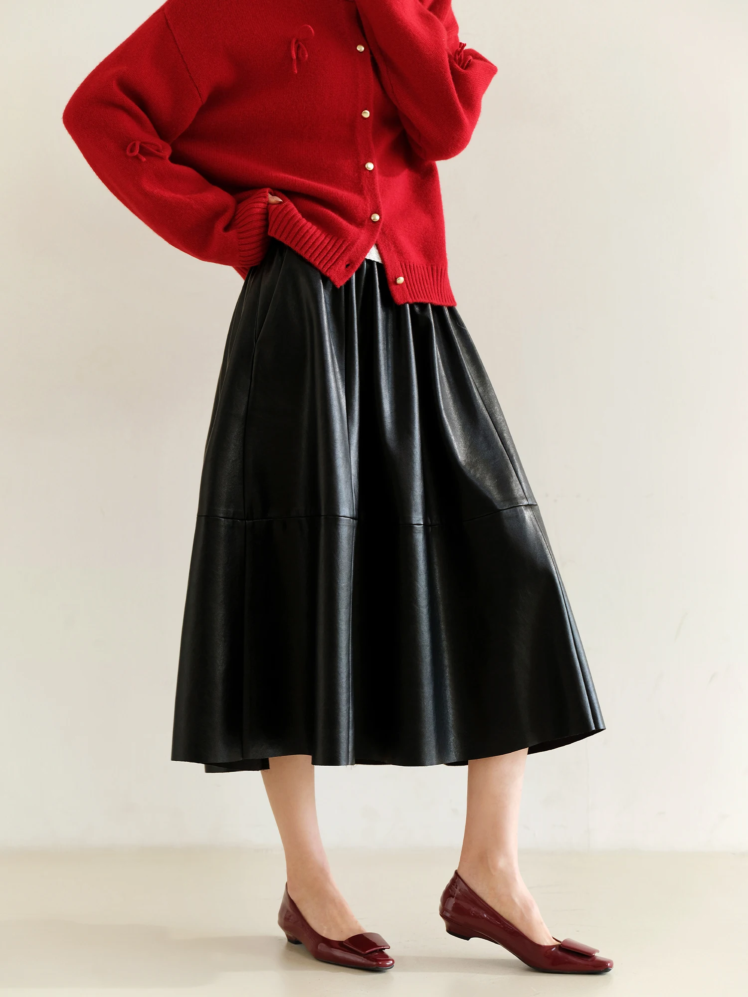 친환경 플리스 안감 하이웨이스트 우산형 스커트 프리미엄 아일랜드 실크 고급 미니멀리스트 디자인 여성용