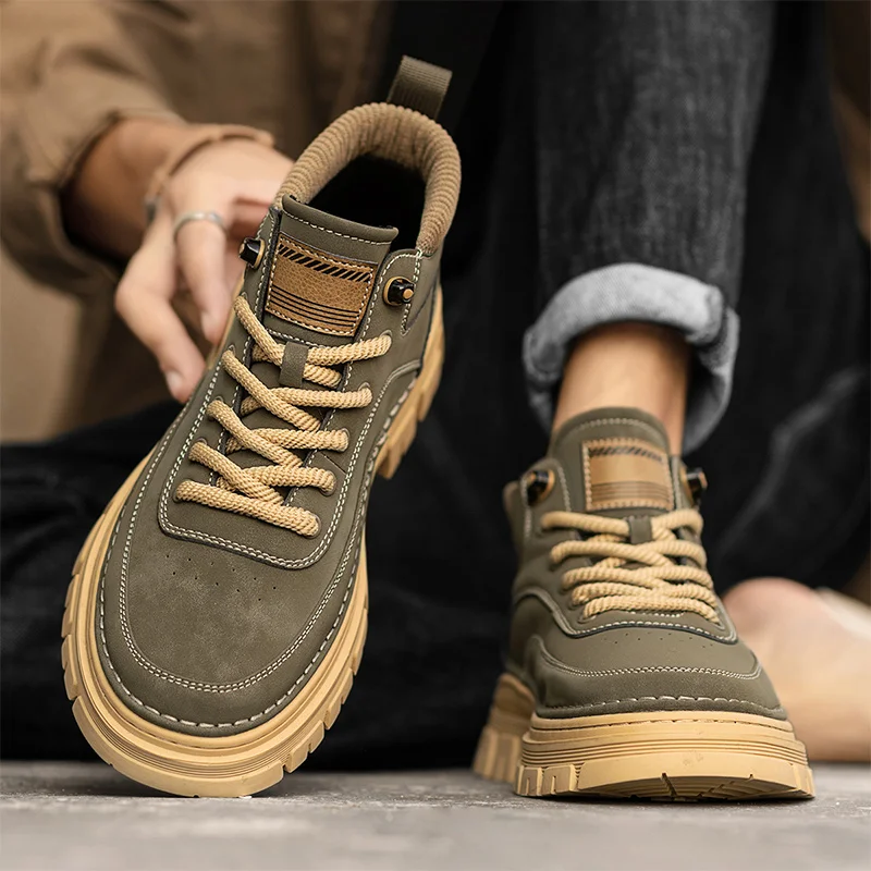 

Waterproof Leather Men's High-Top Shoes Spring 2026 Retro British Style Casual Boots Anti-Slip Comfortable Breathable