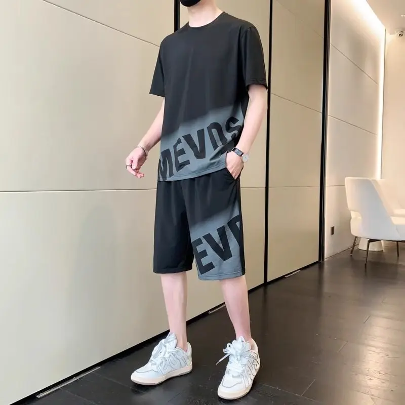 Summer Men's Yellow Black Gray Letter Print Cool Loose Casual Round Neck Short Sleeve T-Shirt Shorts Sports Two-Piece Set