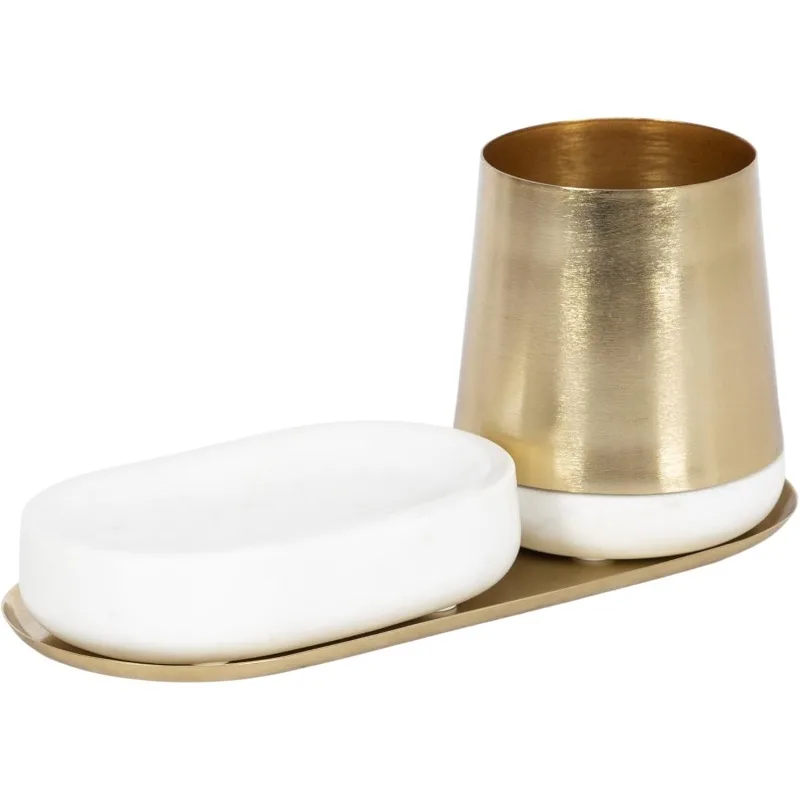 Koni Modern Glam Three-Piece Tabletop Organization Set, 12 x 6 x 5, White Marble and Gold, Marble and Metal Orga