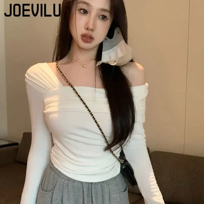 JOEVILU Off Shoulder Long Sleeved T-shirt Women\'s Irregular Slim Fitting Crop Tops Korean Sexy Bottoming Shirt Aesthetic Clothes