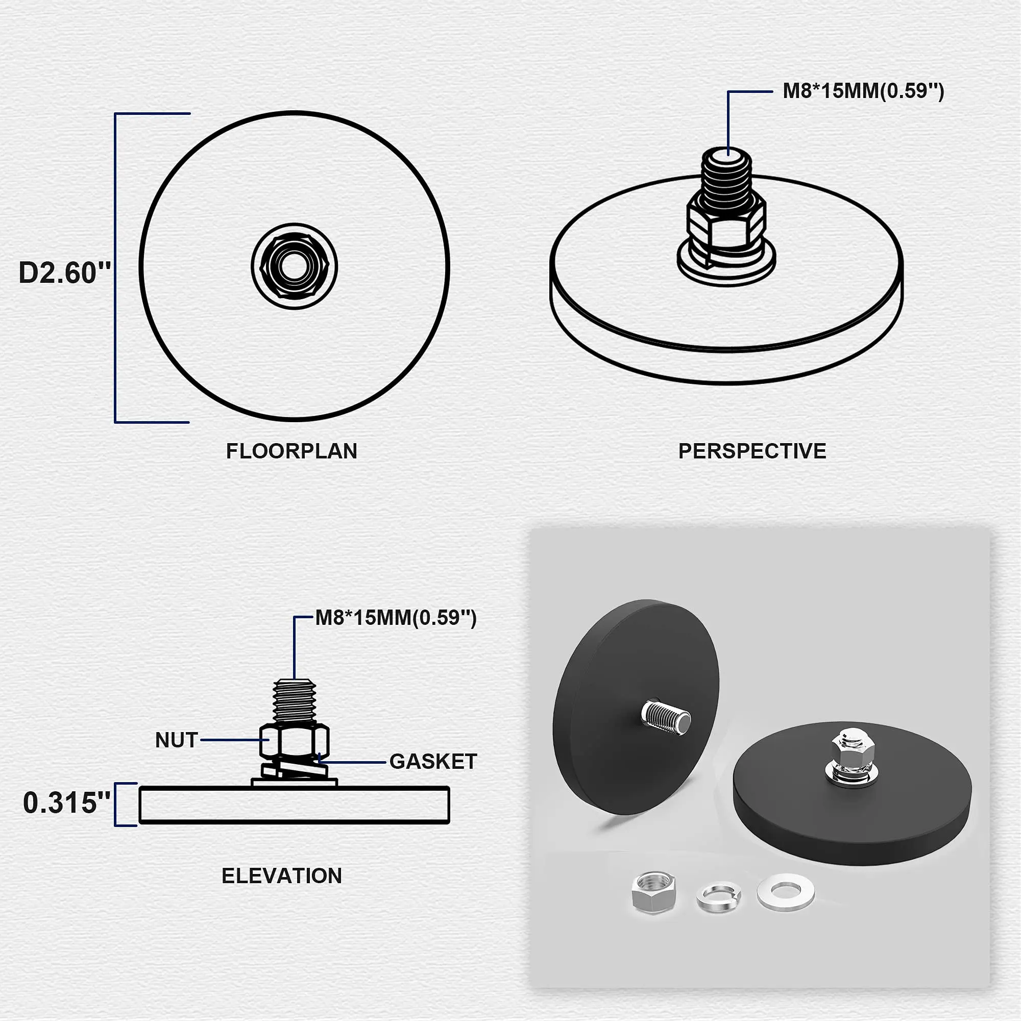 C66 Rubber Coated Magnets, Neodymium Magnet Base with M8 Threaded Studs and Nuts, Mount Base with Black Rubber Coating