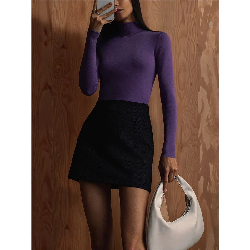 Damesshirt met lange mouwen Herfst- en wintermode Basic thermisch ondergoed Tops Paars S