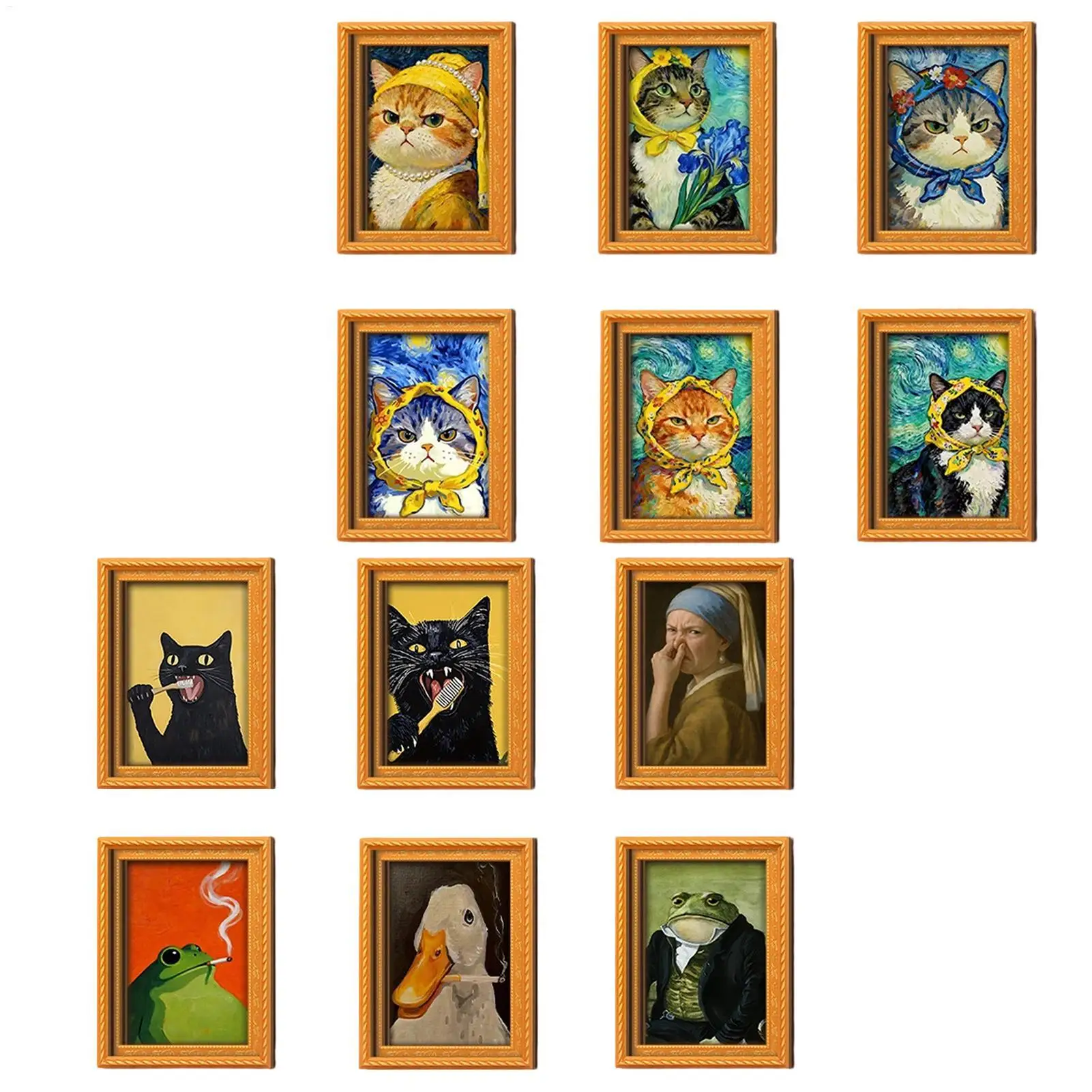6Pcs Wooden Frame Fridge Magnets Oil Painting Style Black Cat Art Print Fridge Magnet For Kitchen Fridge Decor Cat Lovers Gift