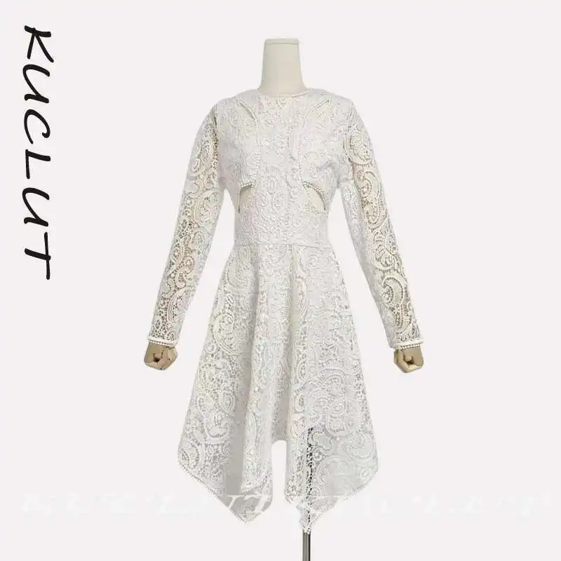 

KUCLUT 2025 г., модные новые товары, нерегулярные кружевные бусины, женское платье с длинными рукавами, нерегулярные полые дизайнерские платья, женские K249