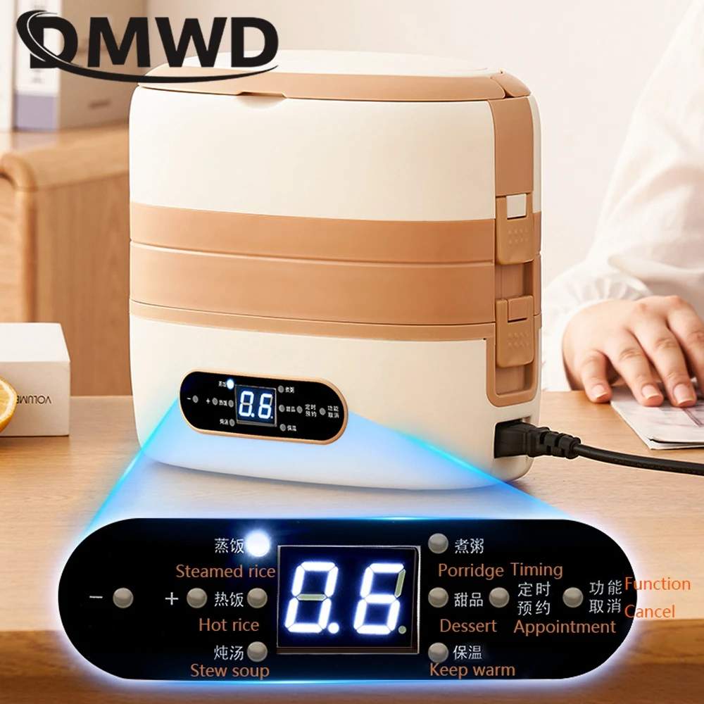 DMWD Portable Lunch Box 2L Food Heating Cooking Machine Egg Steamer Office Warmer Rice Cooker 9.3H Appointment 4 Liner 220V