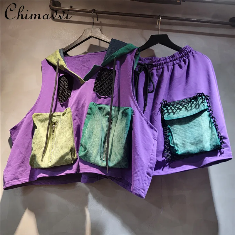 

Summer Foreign Style Fashion Personality Trendy Cool Pocket Tooling Style Hooded Vest Short Skirt Two-piece Suit For Women