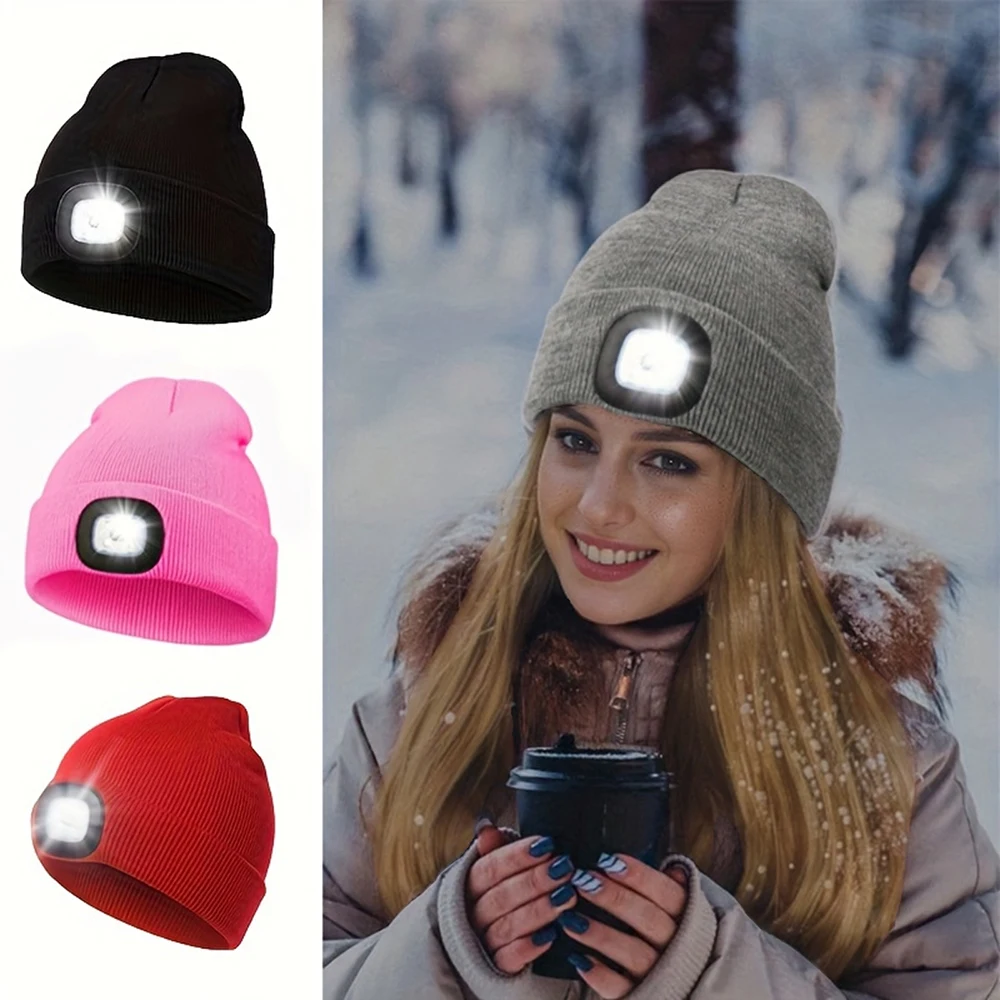 Winter Solid Color Unisex LED Beanie With Light Breathable Headlamp Cap Tie Dye Knit Hats Cuffed Beanies For Night Walking