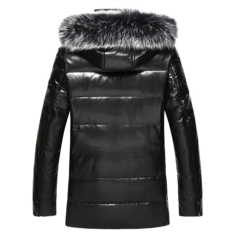 AYUNSUE Winter Genuine Leather Coat Men Leather Down Coat Fox Fur Hooded Thick Real Leather Sheepskin Coat MC16C601 LWL1074