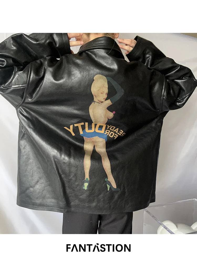 

FANTASTION Original design Genuine leather Mermaid Monroe print Classic style leather jacket top-grade cowhide jackets tops