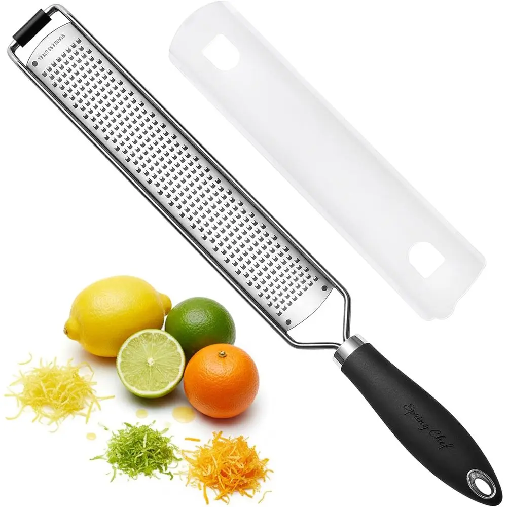 

Heavy-Duty Stainless Steel Lemon Zester Grater with Handle for Garlic, Cheese, and Citrus - Kitchen Tool with Blade Cover - Blac