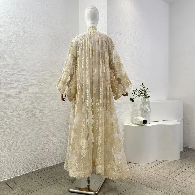 Vestido elegante feminino 2024 wnew alta qualidade marrom/bege manga longa auto laço no pescoço rendas retalhos maxi vestidos para férias