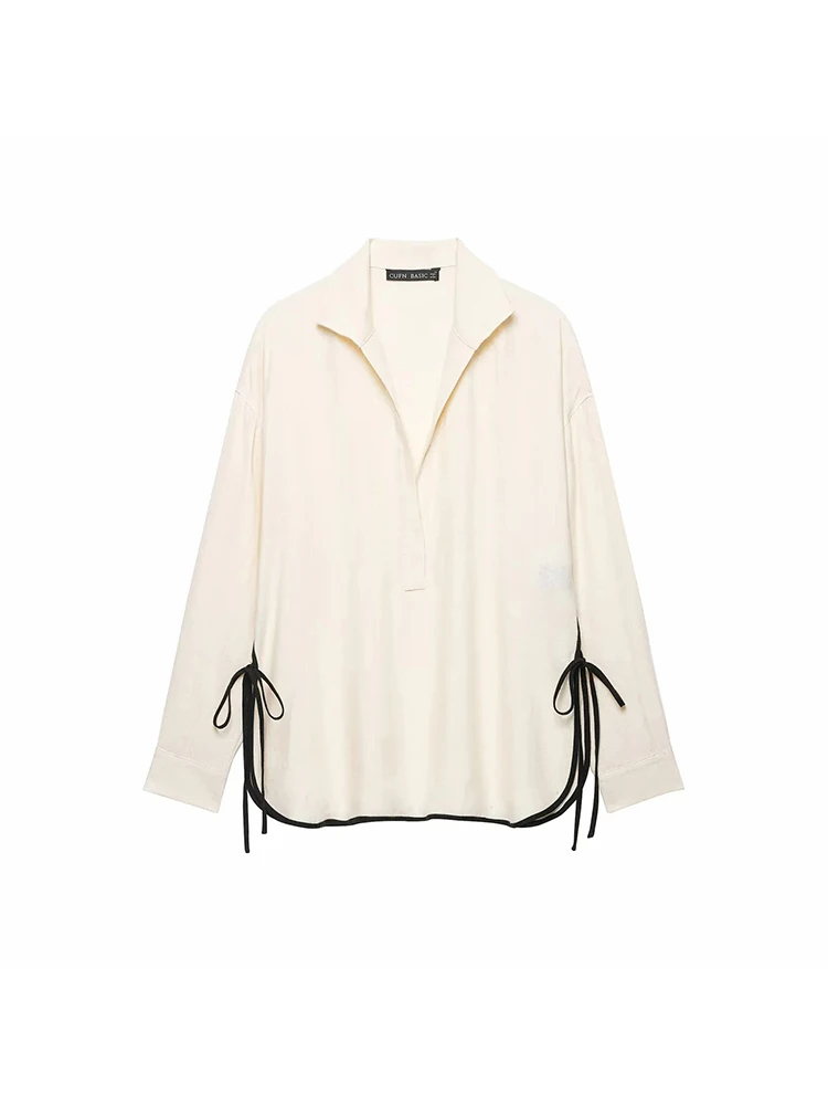 Women's 2 Piece Outfit Set Contrast Lapel Collar Long Sleeve Blouse And Wide Leg Pants Matching Set Women Casual Lady Suit