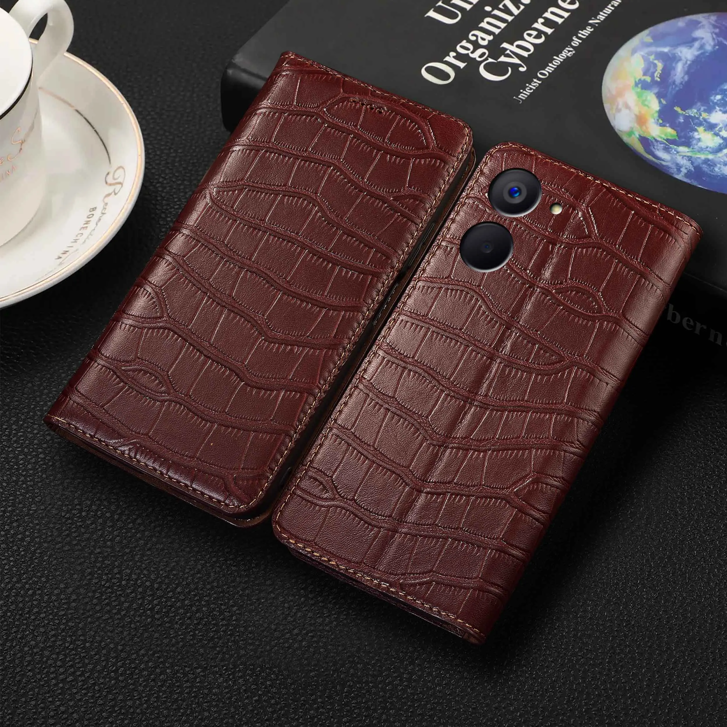 

For Realme Q2i Q3i Q3 Q5 Q5i Pro Crocodile Belly Pattern Genuine Leather Wallet Flip Phone Cover Case Cowhide Scratch-Resistant