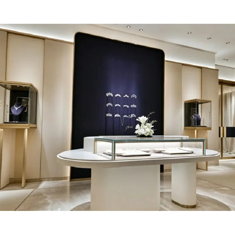 

custom.Luxury White & Gold Oval Jewelry Display Island, Premium Glass Jewelry Showcase High-End Jewelry Stores