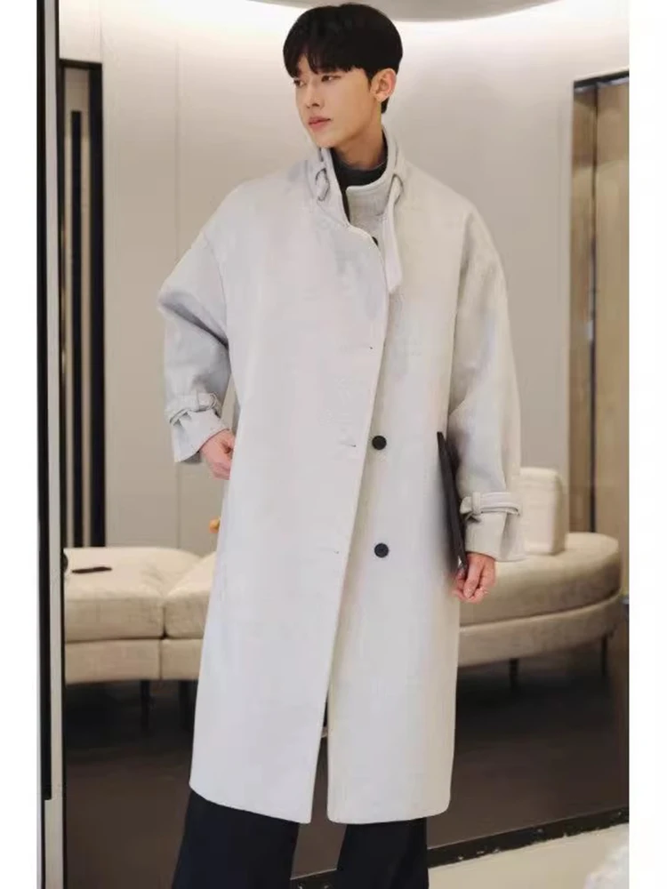 

Мужское шерстяное пальто средней длины 2024: новая корейская версия, свободный крой, до колен, ветрозащитное, премиум-класса, осенне-зимняя верхняя одежда