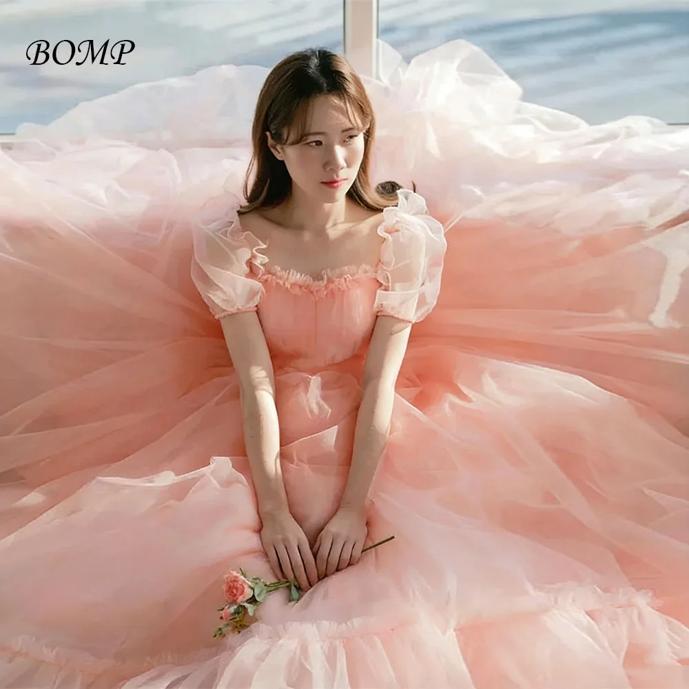 

BOMP Korea Customised Fairy Blush Pink Tulle Prom Dress Puff Short Sleeve Corset Lace Up Back Evening Gown Wedding Photoshoot