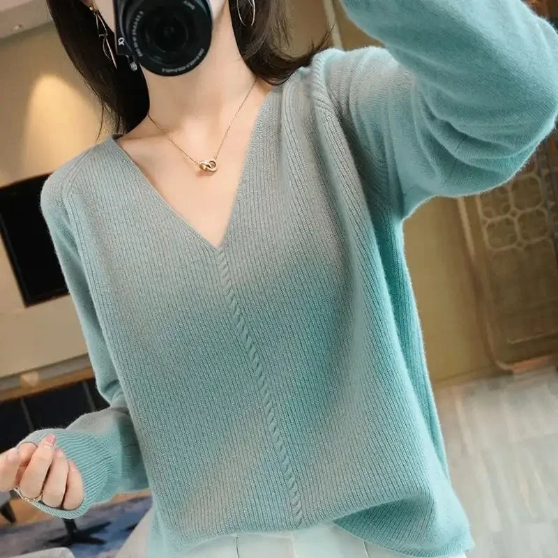 

Women's Sweaters And Pullovers AutumnWinter Long Sleeve Pull Ladies Solid Pullover Ladies Casual V-neck Knitted Sweater Lady Top