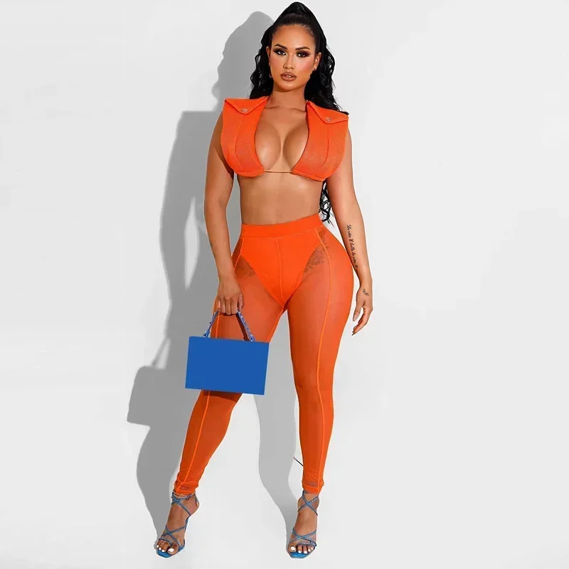 Kexu Fitness Sport zweiteiliges Set Frauen Sommer Trainings anzug aus geschnitten Weste Crop Tops transparente Mesh Legging Hosen Outfit Party Club Anzug