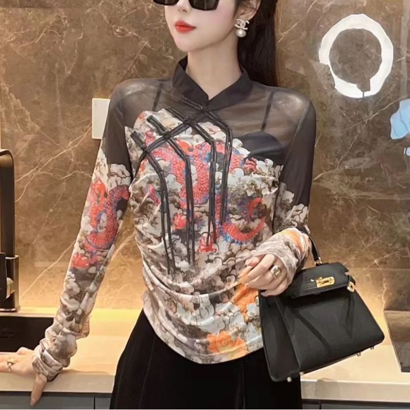 Women's Autumn New Stand Up Collar Pullover Fashionable and Elegant Lace Button Printed Thin T-shirt Long Sleeve Versatile Tops