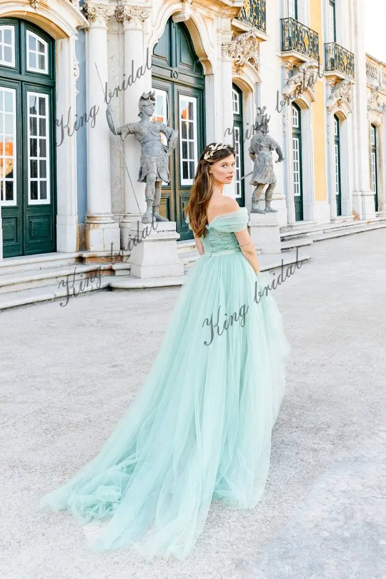 ウェディングドレス オフショルダー ブライダルドレス パステルミント フルチュール ドレープコルセット付きイブニングボールガウン ウェディングドレス バックレス