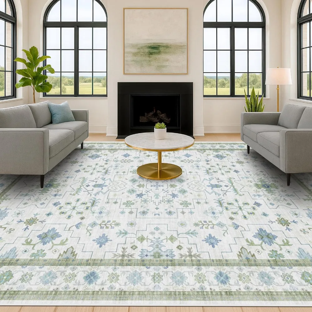

Green Area Rugs 9x12 Living Room - Washable Oriental Geometric, Extra Large For Bedroom Non Slip Soft Faux Wool Carpet