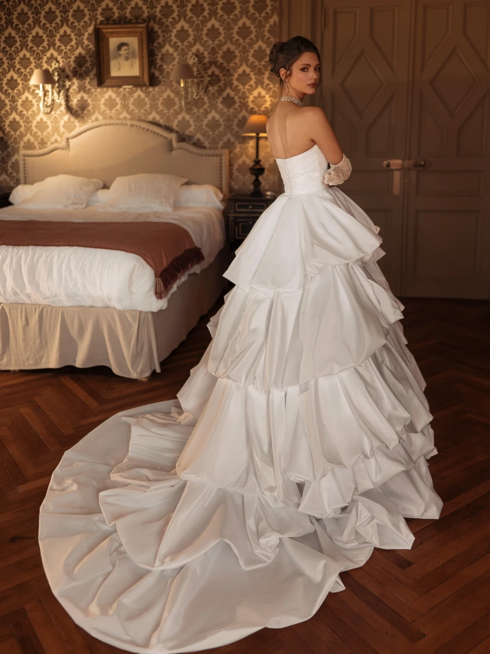 Customized Noble Tiered Ball Bridal Strapless Sweetheart Neck Multi Ruffled Layers Soft Court Train Romantic Vintage Wedding