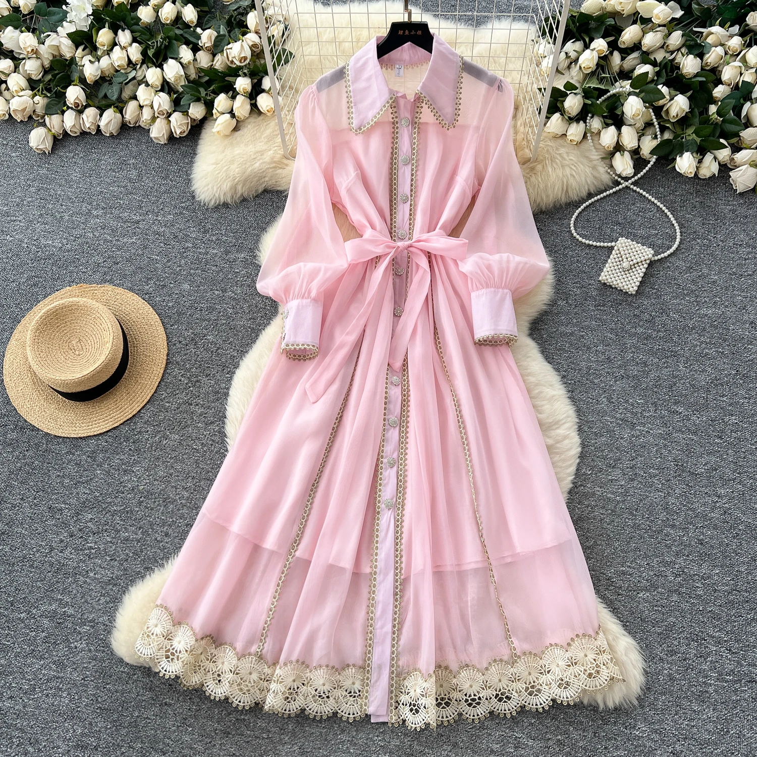 

Summer Autumn Women Elegant Long Dress Lantern Sleeve Single Breasted Chic 2025 High Quality Hollow Out Lace Splice Maxi Dresses
