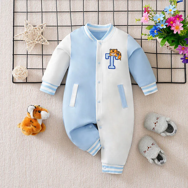 Baby Boy Romper Long Sleeve Tiger Letter T Embroidery Jumpsuit Newborn Baseball Style Casual Clothes 0-18M