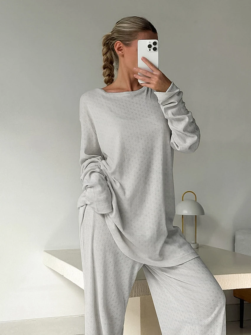 Marthaqiqi Knitted Women'S Nightwear Suit Long Sleeve Nightgowns O-Neck Pajamas Pants Casual Autumn Ladies Sleepwear 2 Piece Set