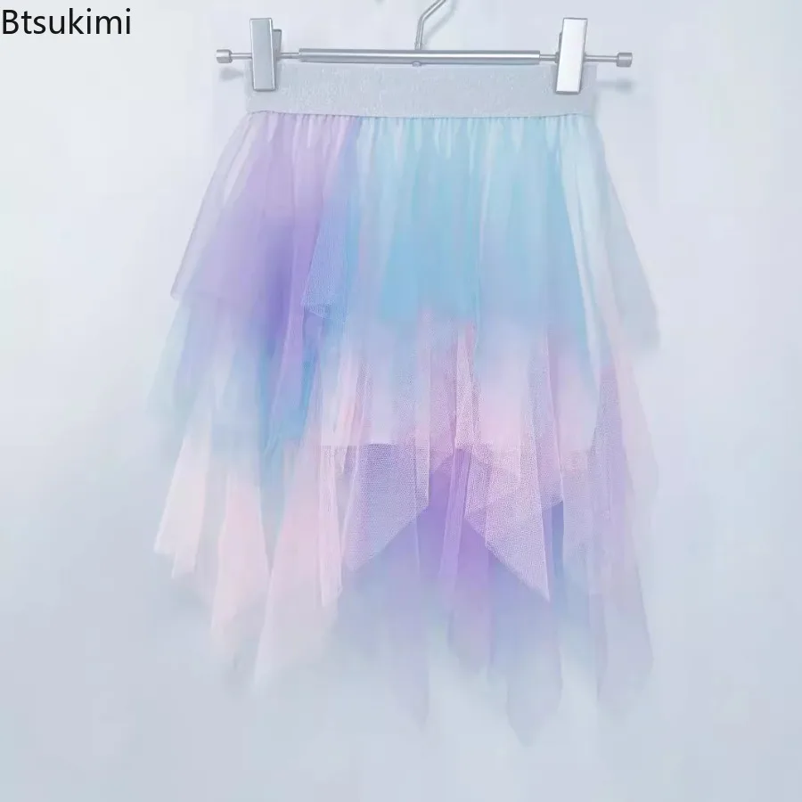 Girls Tutu Layered Tulle Princess Skirts Kids Rainbow Birthday Party Performance Irregular Dance Skirts Parent-child Gauze Skirt
