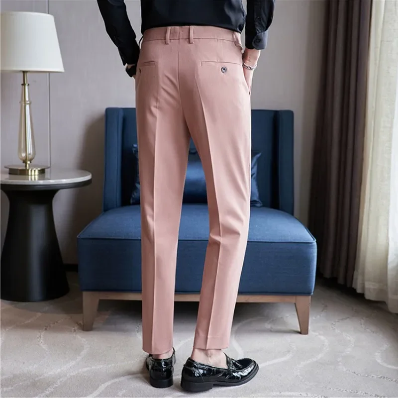 Осенние мужские модные Костюмные брюки, розовая, синяя приталенная одежда, деловые длинные брюки, красивые повседневные брюки в Корейском стиле
